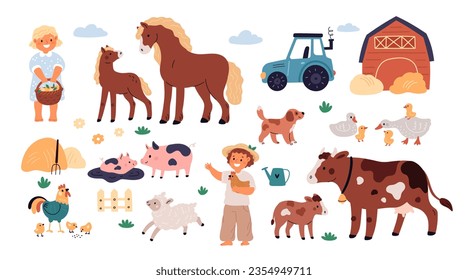 Cartoon-Kinder und Nutztiere einzeln auf weißem Hintergrund. Landtiere pflegen. Cute Landseitige Illustration mit Pferden, Schafen, Kühen, Heu, Hähnchen, Gänsen und Kleinkindern