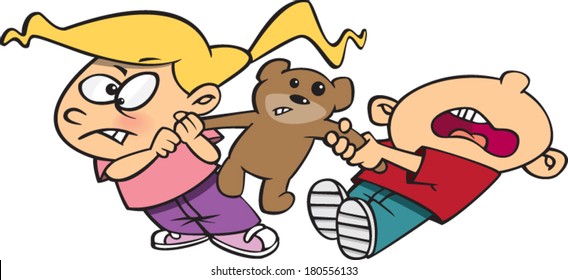 cartoon kids fighting over a teddy bear