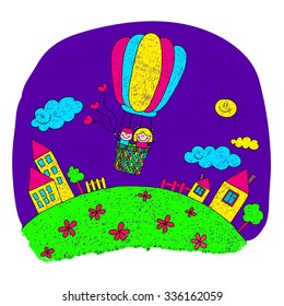 Cartoon kids fly at hot air balloon. Colorful summer picture.