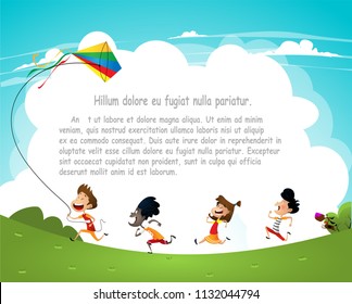 Cartoon kids flying kites in the park. Vector