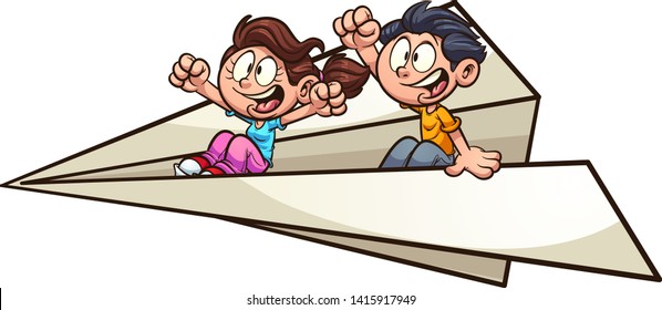 Cartoon kids flying on a giant paper plane clip art. Vector illustration with simple gradients. All in a single layer. 
