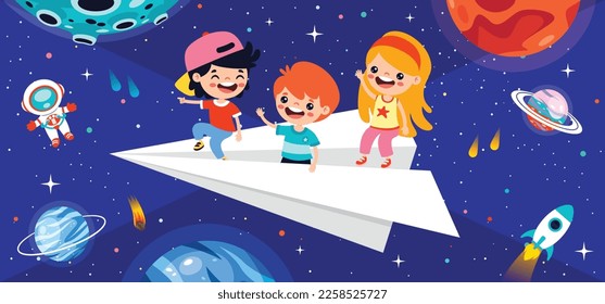 Cartoon Kids Flying With Paper Plane