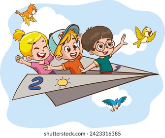 Cartoon Kids Flying With Paper Plane.kids ride paper plane vector illustration