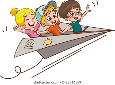 Cartoon Kids Flying With Paper Plane.kids ride paper plane vector illustration