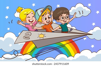 Cartoon Kids Flying With Paper Plane.kids ride paper plane vector illustration.