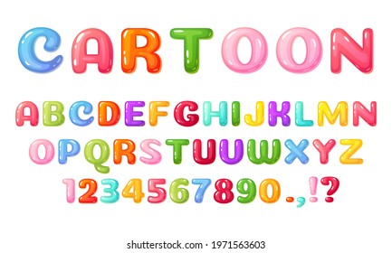 Cartoon kids font. Colorful comic alphabet for children. Cute childish bubble letters and numbers, glossy candy or jelly kid book lettering vector. Childish type for events, promotions