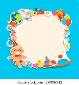 Cartoon kids frame. Baby shower, children party, birthday or holiday event. Infant in a bow tie and party hat. Toys and presents. Flat style vector illustration and icons.