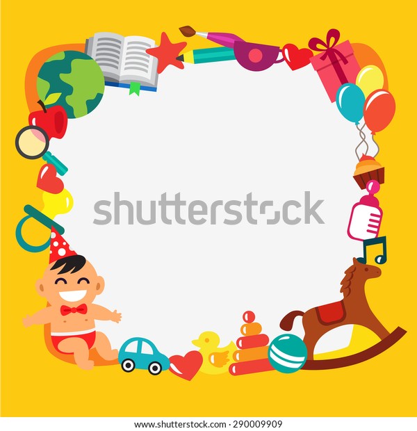 Cartoon kids frame. Baby\
shower, children party, birthday or holiday event. Infant in a bow\
tie and party hat. Toys and presents. Flat style vector\
illustration and\
icons.