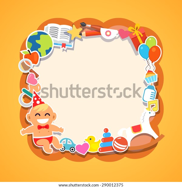 Cartoon kids frame. Baby
shower, children party, birthday or holiday event. Infant in a bow
tie and party hat. Toys and presents. Flat style vector
illustration and
icons.