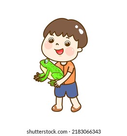 Cartoon kids and frog vector.