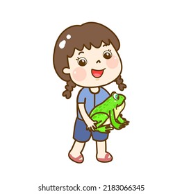 Cartoon kids and frog vector.