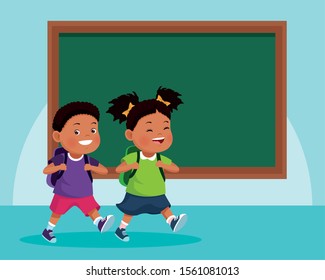 cartoon kids in front of school chalkboard over blue background, colorful design , vector illustration