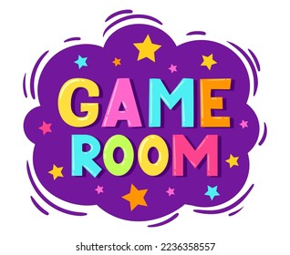 Cartoon kids game zone sticker. Children playroom, kids entertainment party club and game zone badge flat vector illustration on white background