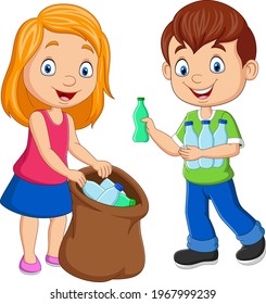 Cartoon kids gathering plastic bottles into garbage bag