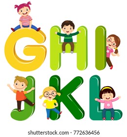 Cartoon kids with GHIJKL letters