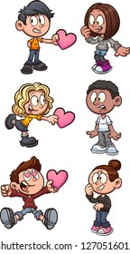 Cartoon Kids Giving And Receiving Valentine’s Hearth Shaped Cards. Vector Clip Art Illustration With Simple Gradients. Each On A Separate Layer. 
