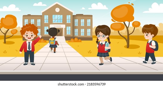 Cartoon kids go to school in the autumn. Adorable pupils on the sidewalk to school. Cute cartoon schoolchildren go to classes.
