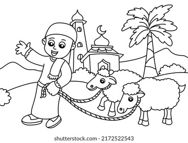 Cartoon Kids With Goats Cute Coloring Page Or Book For Kids