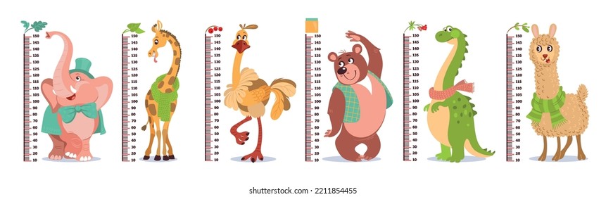 Cartoon kids growth rulers. Cute animals with wall measuring meter scales. Elephant and giraffe. Babies height centimeter measurement. Bear and ostrich. Splendid vector