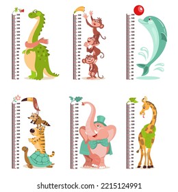 Cartoon kids growth rulers. Wall meters with funny tropical animals. Childish measuring centimeter scales. Monkeys and dolphin. Dinosaur or elephant. Splendid vector