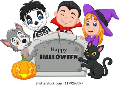 Cartoon kids with Halloween costume holding tombstone