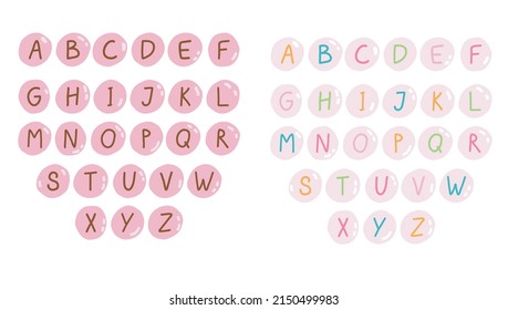 Cartoon kids hand drawn letters. Latin alphabet buttons. Cute flat elements in 00s y2k style. Font design. Isolated vector abc