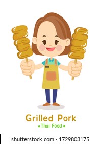Cartoon Kids have Thai Grilled Pork Vector 