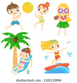 Cartoon kids having beach fun. Children enjoy summer holidays outdoor activity. Boys and girls rest and play