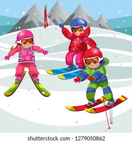 Cartoon kids having fun on skis winter holiday
