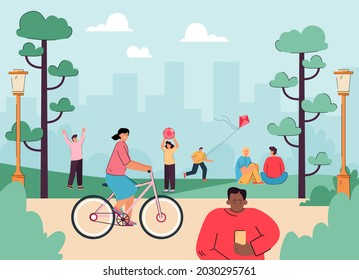 Cartoon kids having fun in park or playground. Children playing outside, summer camp or kindergarten flat vector illustration. Outdoor activity, childhood concept for banner or landing web page