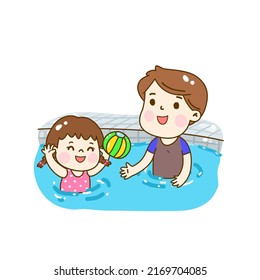 Cartoon kids having fun pool.