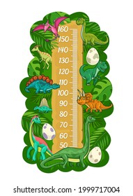 Cartoon kids height chart, funny dinosaurs and reptiles growth measure meter. Vector wall sticker for children height measurement with funny dino characters, eggs and scale with palm branches or leafs