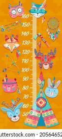 Cartoon kids height chart, funny owl, wolf and fox, elk, rabbit, bear and deer Indians, vector. Kids height chart or baby growth meter with Indian boho animals, wigwam, tomahawk and dream catchers