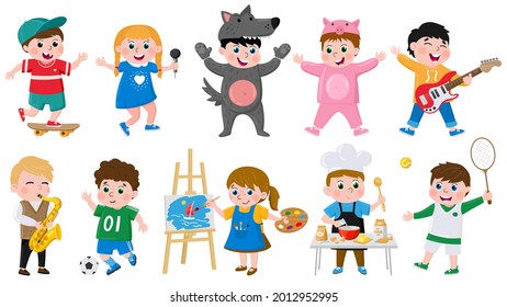 Cartoon kids hobbies. Children creative musical, acting, drawing, dancing hobby, school or preschool activities vector illustration set. Cute childrens hobbies musician and artist, training football