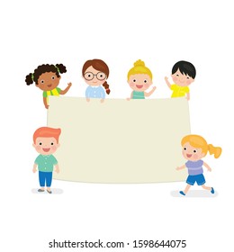 Cartoon kids holding empty banner template. Blank space for text or design. Multi-ethnic group of children. Cute various preschooler characters isolated on white background. Flat vector illustration