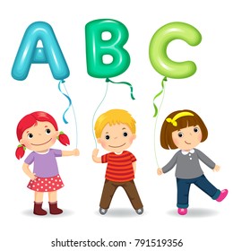 Cartoon kids holding letter ABC shaped balloons