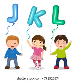 Cartoon kids holding letter JKL shaped balloons
