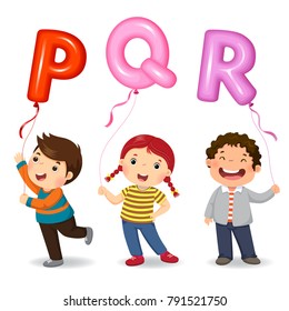 Cartoon kids holding letter PQR shaped balloons