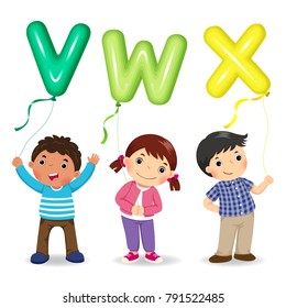 Cartoon kids holding letter VWX shaped balloons