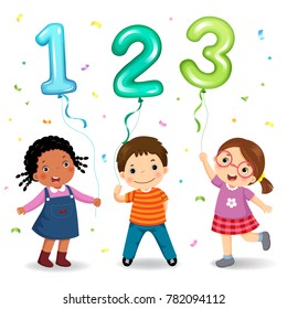 Cartoon kids holding number 123 shaped balloons