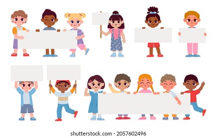 Cartoon kids holding placards, sign boards and banner. School students with empty frames. Children boys and girls with message vector set. Young cheerful laughing characters with place for text