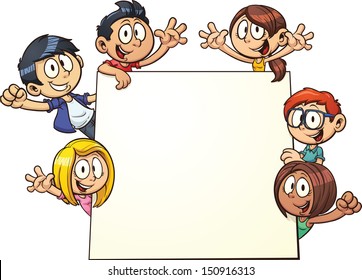 Cartoon kids holding a sign. Vector clip art illustration with simple gradients. All in a single layer.