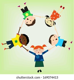 Cartoon kids holding a sign. Vector clip art illustration 