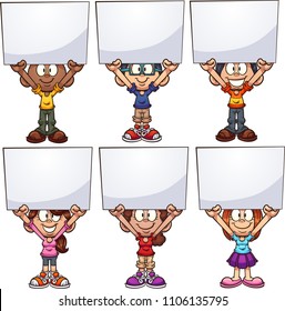 Cartoon kids holding white boards. Vector clip art illustration with simple gradients. Each on a separate layer. 
