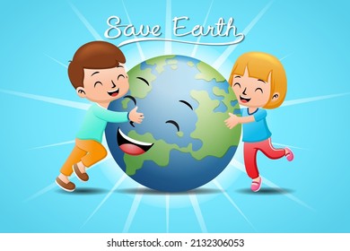 Cartoon kids hugging funny earth globe