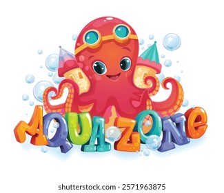 Cartoon kids illustration Aqua zone colorful inscription and character funny octopus baby on sand castle. isolated white background