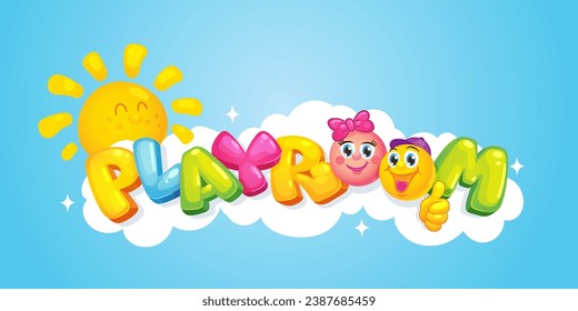 Cartoon kids illustration. Colorful inscription Playroom and girl and boy smiles