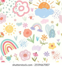 Cartoon kids illustration with hand drawn flowers, rainbows, hearts, clouds and sun. Vector illustration, doodle.