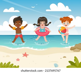 Cartoon kids with inflatable toys jumping on the summer beach. Happy children playing on the sea coast.