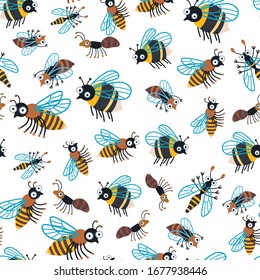Cartoon kids cartoon insects seamless pattern. Cute children design template. Bright beetles Bee icons for textile, wrapping paper, greeting cards or posters for kindergarten